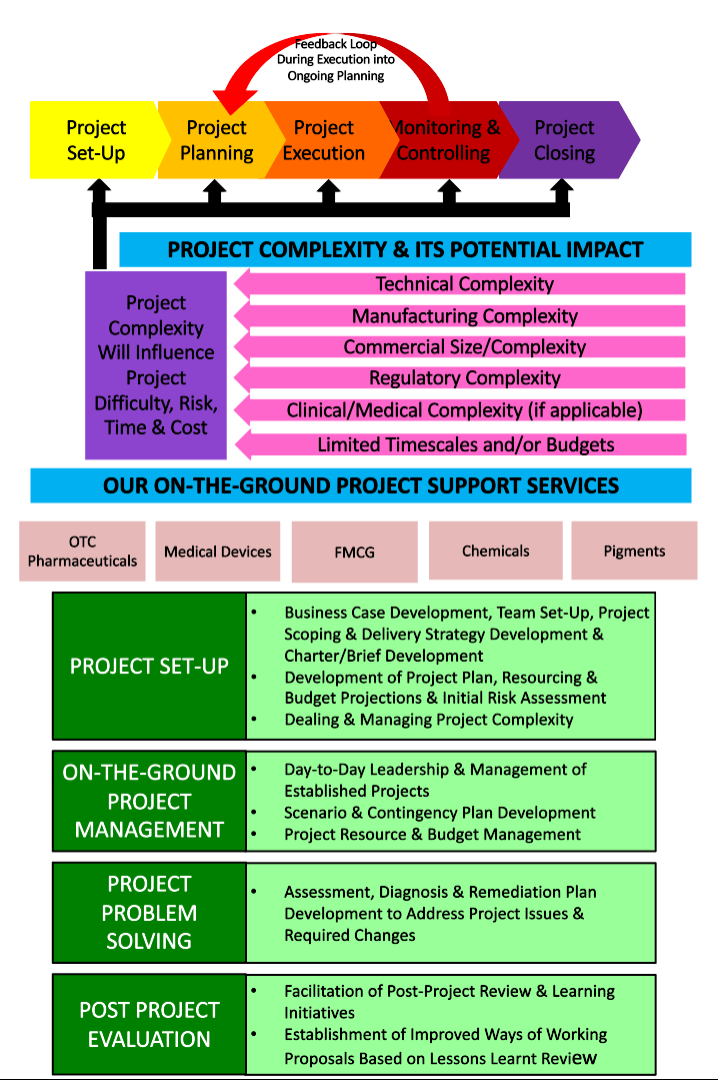 flowchart to show the stages of the project lifecycle including project set-up, project planning, project execution, monitoring and controlling and project closing.
Then a descirption of On-the-ground project support services.